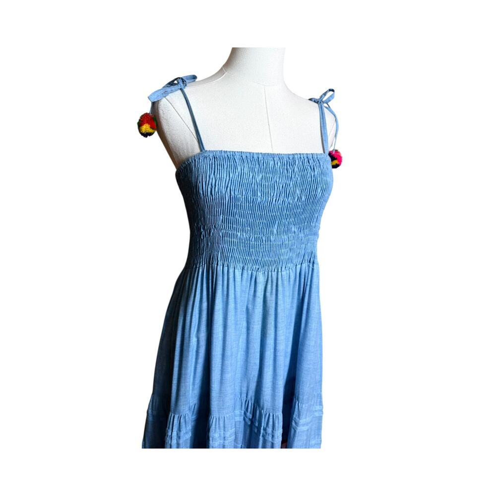 Blanco de Ibiza Boho Maxi Dress S Smocked Cotton Lace Pom Pom Tiered Blue Dress - Picture 6 of 11